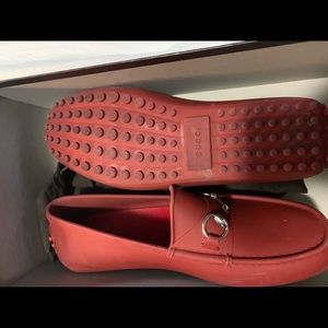 Red Authentic Gucci Rubber Horsebit Drivers Shoes